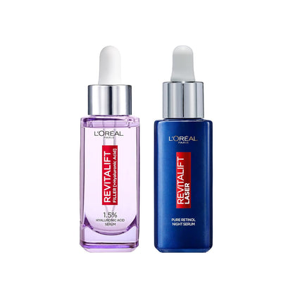 L'Oréal Paris Face Care Set with Revitalift Filler Anti-Wrinkle Serum with Hyaluronic Acid and Vitamin C and Laser Night with Vitamin A, Nourishing Oil & Hyaluronic Acid