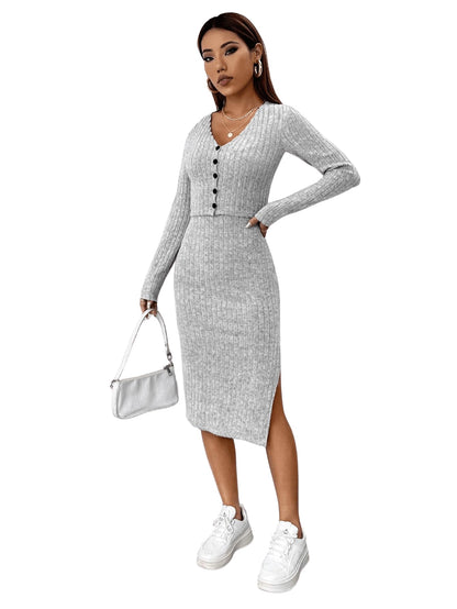 GORGLITTER Rib Knit Dress Women's Dress with Jacket Set Elegant Two Piece Cami Dress with Slit 2-Piece Dress