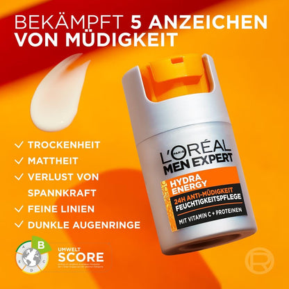 L'Oréal Men Expert Pflegeset gegen müde Haut für Männer, Geschenkset mit Waschgel und Gesichtscreme 24H Anti-Müdigkeit, Geschenke für Herren mit Vitamin C, Hydra Energy, 1 x 100 ml, 1 x 50 ml