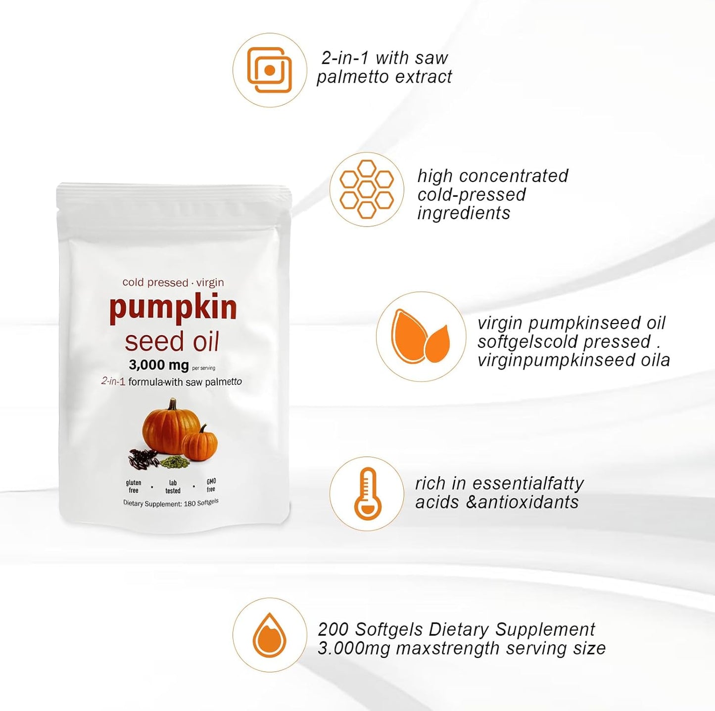 Pumpkin Seed Oil and Saw Palmetto Complex, 3000mg, Non-GMO, for Prostate, Urinary and Hair Support H2