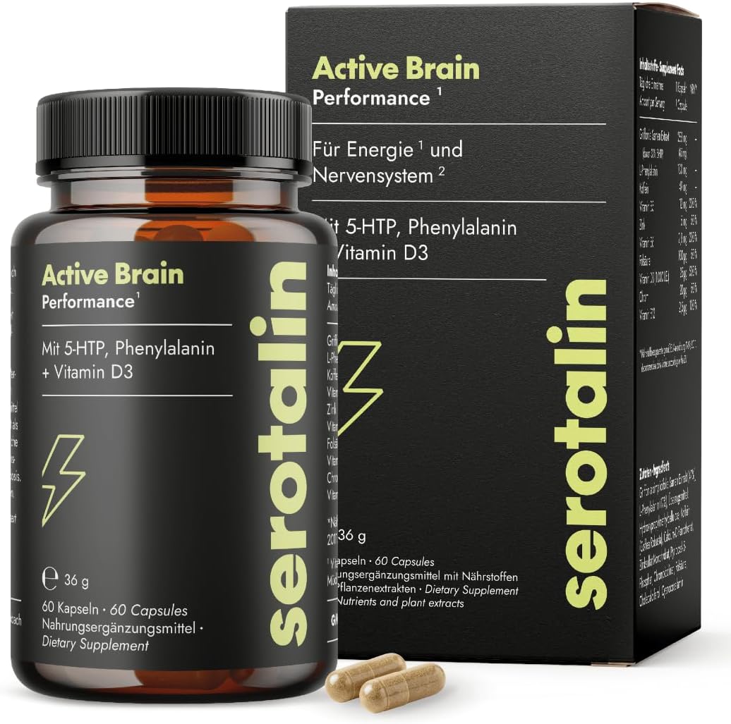 serotalin Active Brain Performance ¹ + Griffonia + Vitamin D3 High Dose +B12 +B6 +L-Phenylalanine + Zinc + Chrome + Caffeine | 100% Vegan & Made in Germany | 2 Months | 60 Capsules