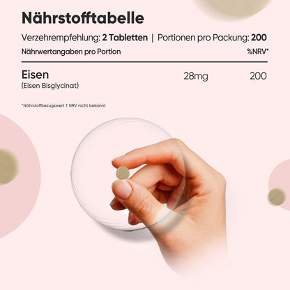 Eisen 400 Tabletten (6+ Monatsvorrat) - Eisenpräparate für Frauen & Männer - Eisen-Bisglycinat-Form - Nicht-GMO & Vegan