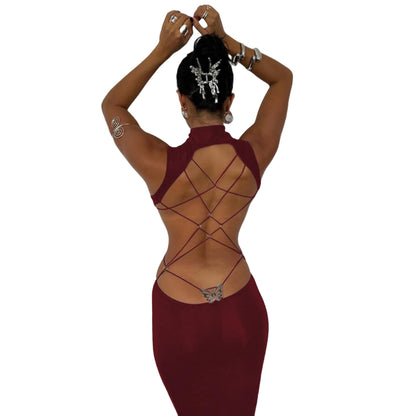 Women's Sexy Mock Neck Criss Cross Wrap Maxi Dress Silver Metal Butterfly Bodycon Long Dress Backless Party Dress