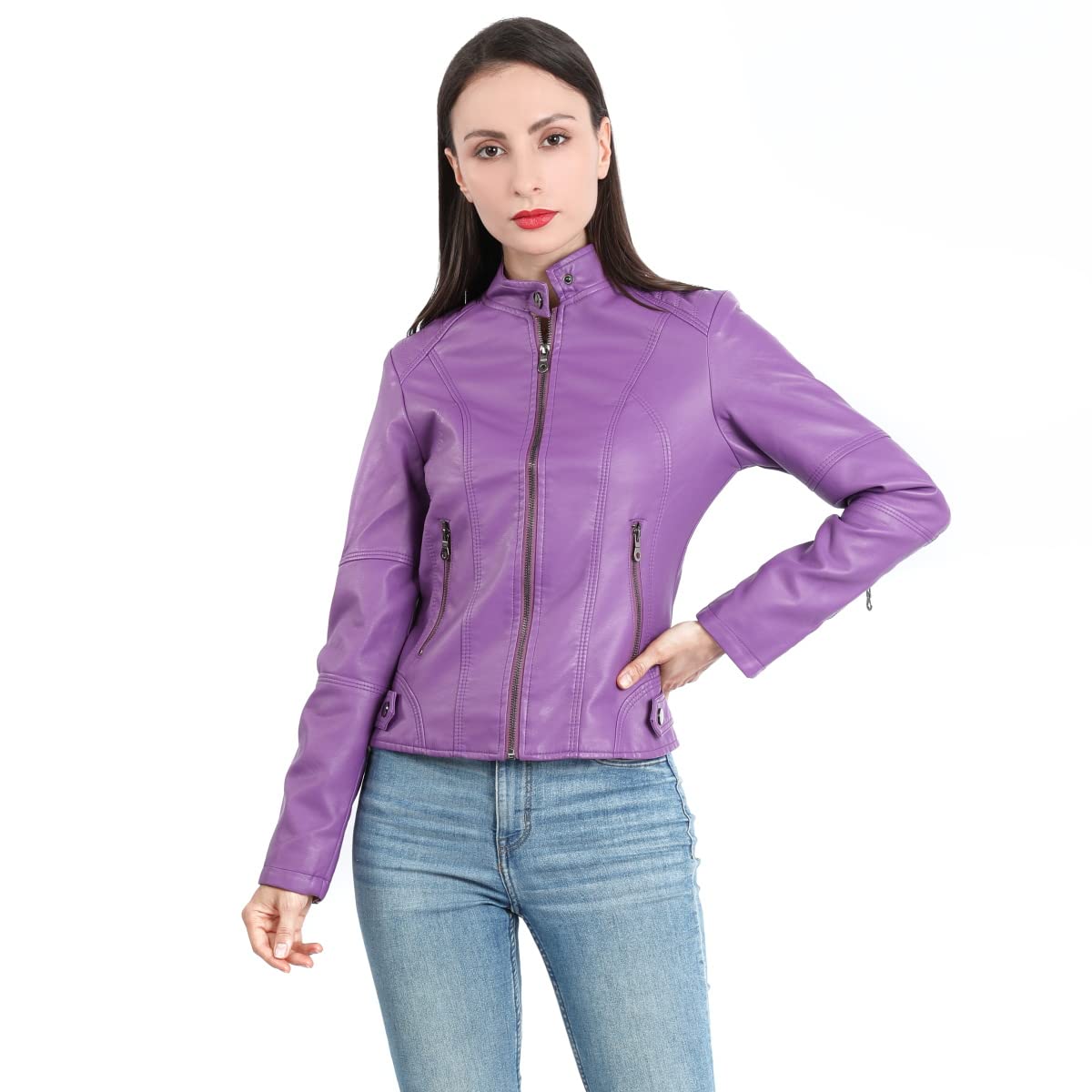Yynuda Leather Jacket, Women's Short Jacket, Transition Jacket Made of Faux Leather, with Zip, For Autumn