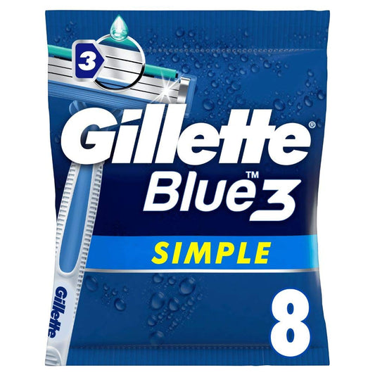 Gillette Blue3 Simple Men's Disposable Razor, 8 Razors with Triple Blade, Wet Razor with Fixed Blade Head, Moisture Strips