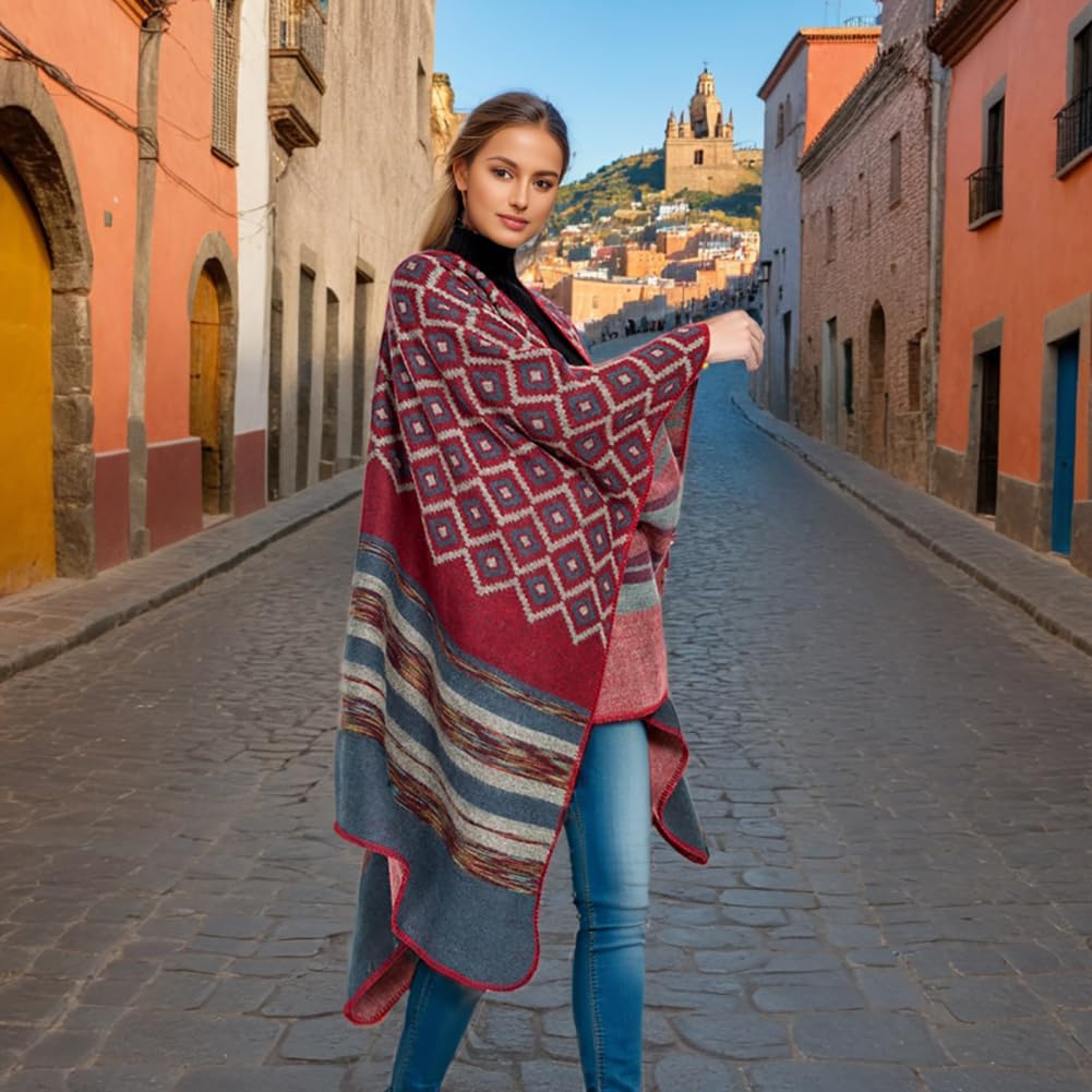 Shmily Girl Poncho Damen Strick Poncho Winter Warm Elegant Poncho Decke Poncho Cape Mantel Übergroße Poncho Schal Frauen