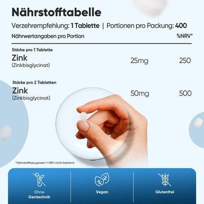 Zink Bisglycinat - 400 Tabletten mit Zinc - Vegan & 1+ Jahr Vorrat - Zink trägt zur Aufrechterhaltung eines normalen Testosteronspiegels im Blut bei (EFSA) - WeightWorld