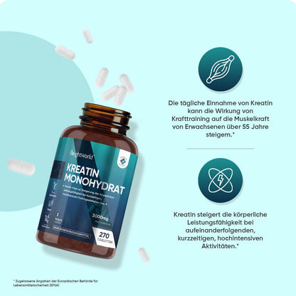 Creatin Monohydrat Tabletten - 3000mg pro Portion - 270 Kreatin Vegan Tablets - 3 Monate Vorrat - Creatine - Alternative zu Kapseln & Pulver - Frei von Gluten & Magnesiumstearat - WeightWorld