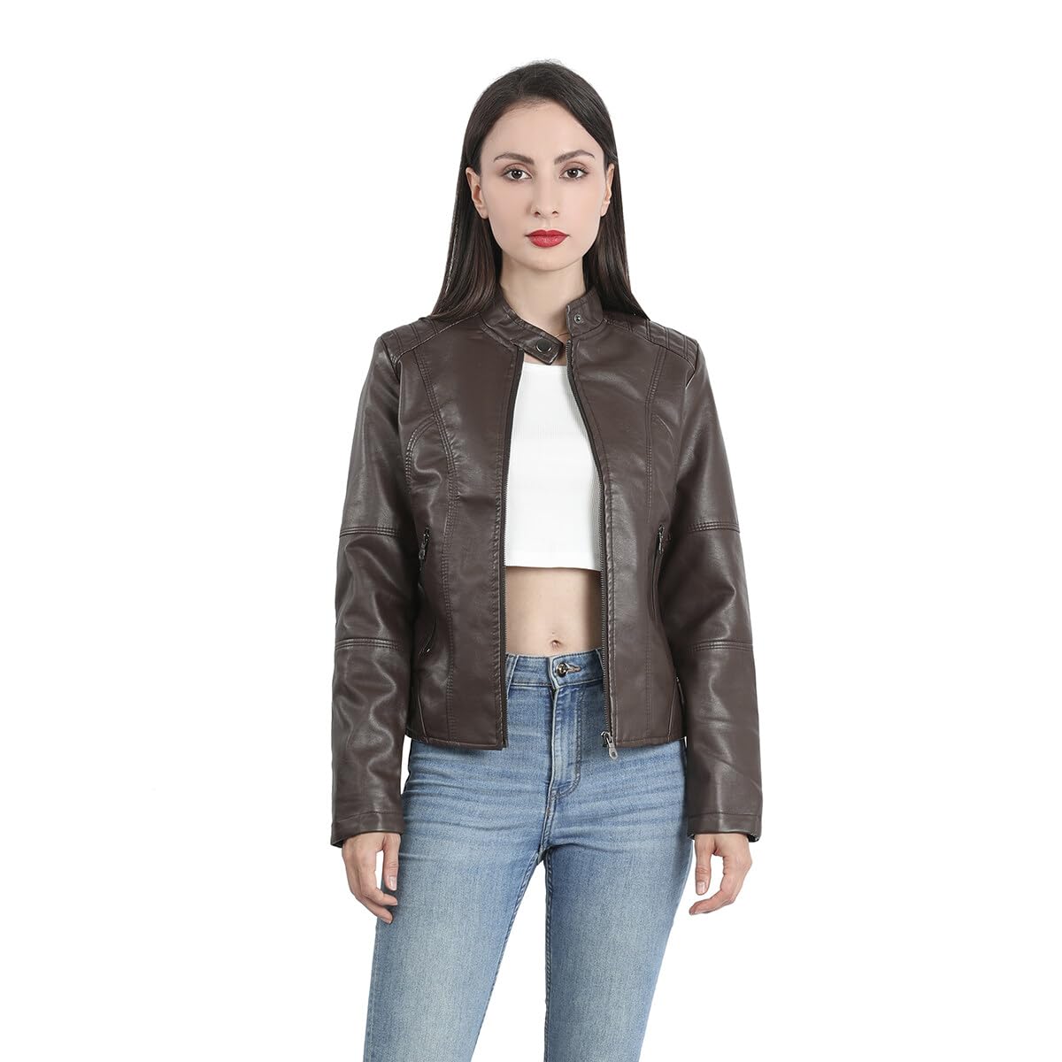 Yynuda Leather Jacket, Women's Short Jacket, Transition Jacket Made of Faux Leather, with Zip, For Autumn