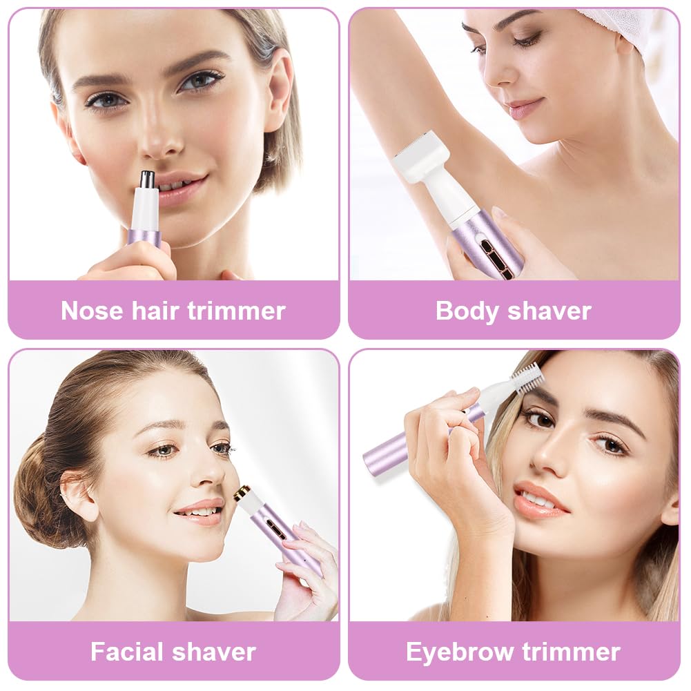 ACWOO Electric Shaver for Women, 4-in-1 Electric Women's Razor, Painless Intimate Shaver for Women, Hair Trimmer for Face, Nose, Armpits, Intimate Area, Bikini Area, USB Charging