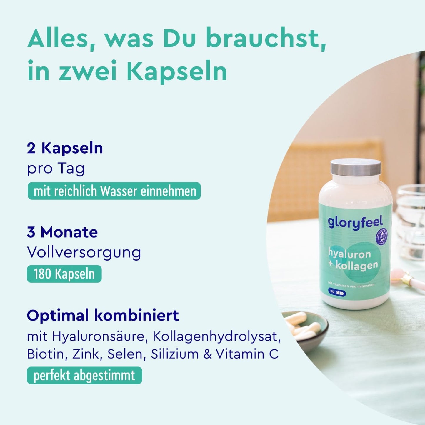 Hyaluronsäure Kollagen Komplex - 180 Kapseln - Mit Biotin, Vitamin C (aus Acerola), Zink, Selen & Bambusextrakt - Für Haut, Haare, Nägel - Hoch bioverfügbar - Laborgeprüft