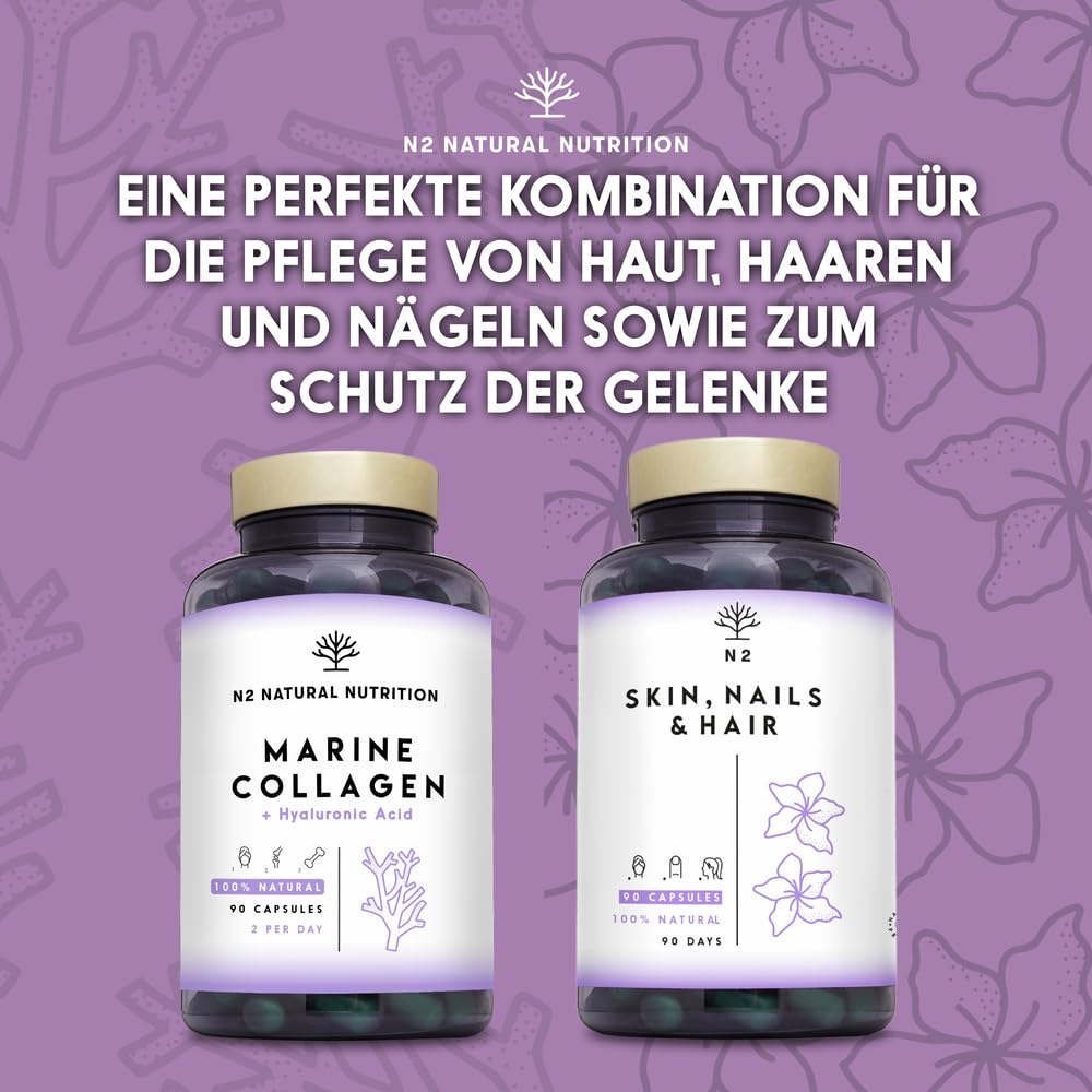 Marine collagen hydrolysate capsules high-dose hyaluronic acid, vitamin C. Joint bone and skin care, anti-ageing. Premium Peptan collagen 90 Vegetable capsules CE. N2 Natural Nutrition