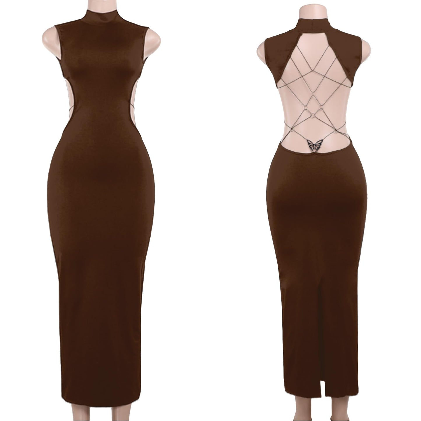 Women's Sexy Mock Neck Criss Cross Wrap Maxi Dress Silver Metal Butterfly Bodycon Long Dress Backless Party Dress