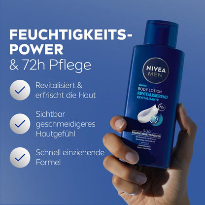NIVEA MEN Body Lotion Revitalising, Non-Greasy Body Cream with Vitamin E, Fast Absorbing and Refreshing Body Milk for Normal Skin (250 ml)