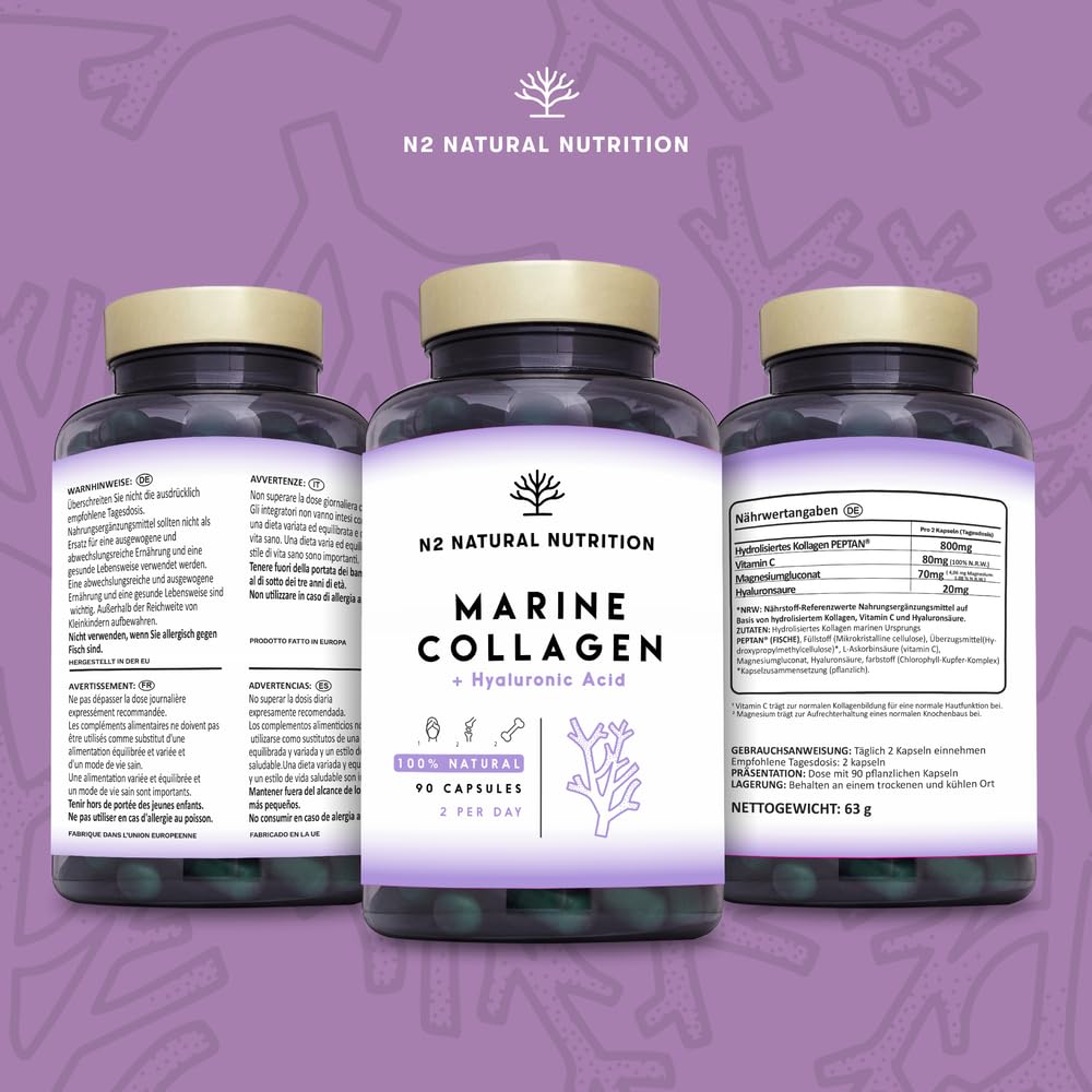 Marine collagen hydrolysate capsules high-dose hyaluronic acid, vitamin C. Joint bone and skin care, anti-ageing. Premium Peptan collagen 90 Vegetable capsules CE. N2 Natural Nutrition