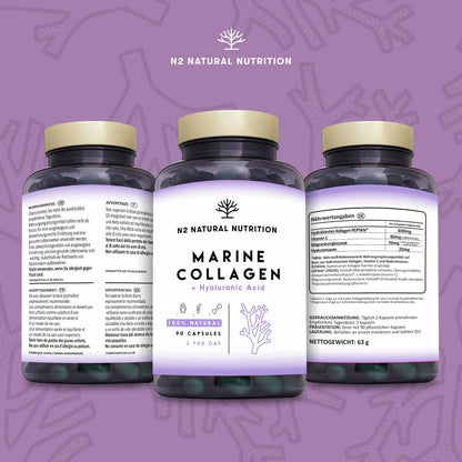 Marine collagen hydrolysate capsules high-dose hyaluronic acid, vitamin C. Joint bone and skin care, anti-ageing. Premium Peptan collagen 90 Vegetable capsules CE. N2 Natural Nutrition