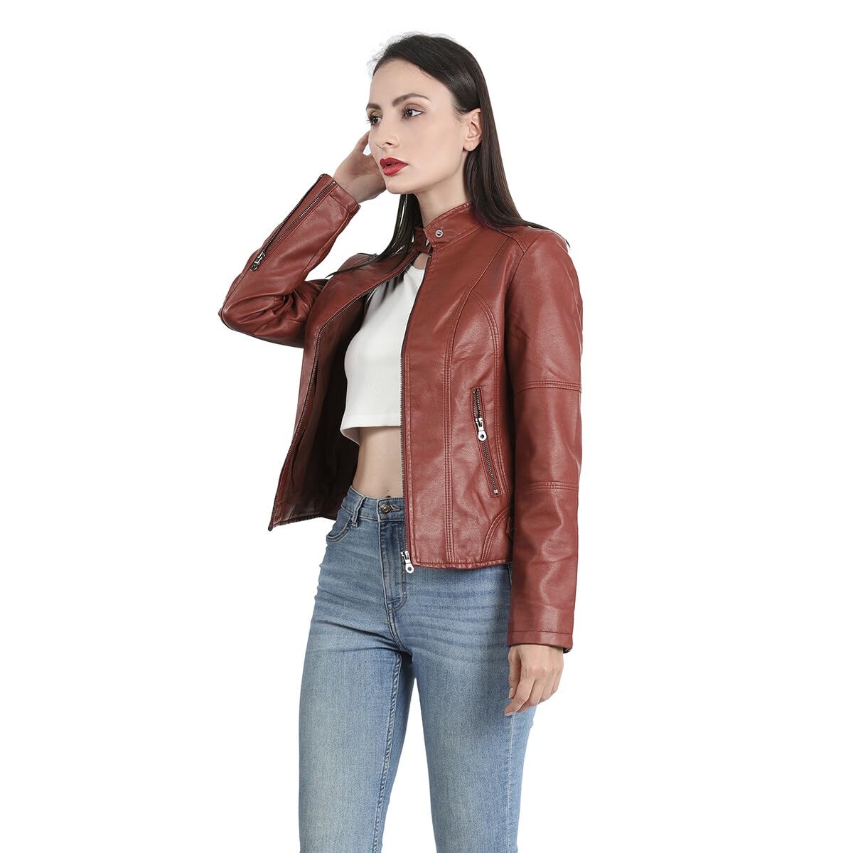 Yynuda Leather Jacket, Women's Short Jacket, Transition Jacket Made of Faux Leather, with Zip, For Autumn