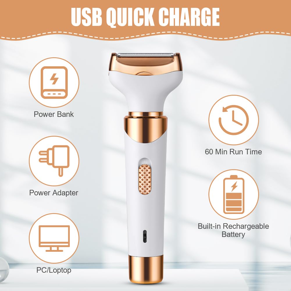 ACWOO Electric Shaver for Women, 4-in-1 Electric Women's Razor, Painless Intimate Shaver for Women, Hair Trimmer for Face, Nose, Armpits, Intimate Area, Bikini Area, USB Charging