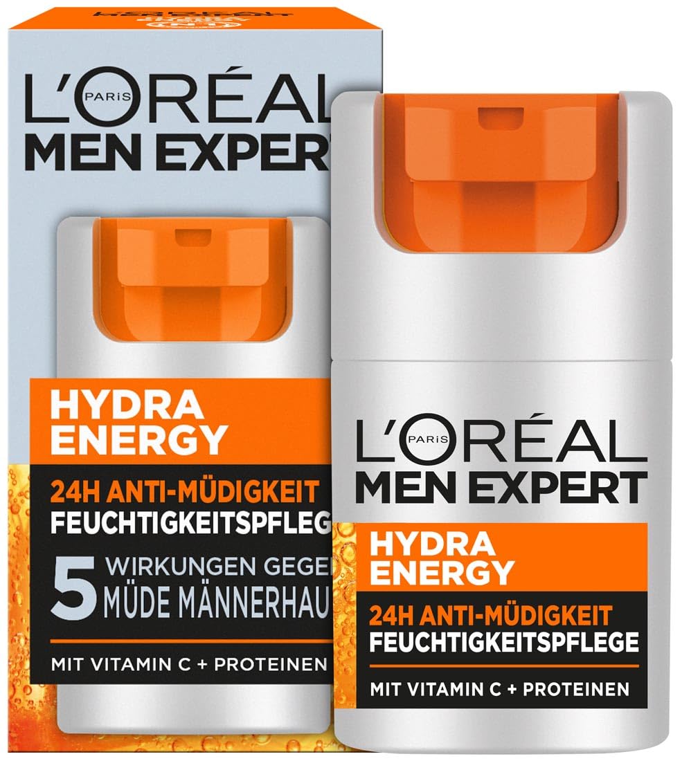L'Oréal Men Expert Pflegeset gegen müde Haut für Männer, Geschenkset mit Waschgel und Gesichtscreme 24H Anti-Müdigkeit, Geschenke für Herren mit Vitamin C, Hydra Energy, 1 x 100 ml, 1 x 50 ml