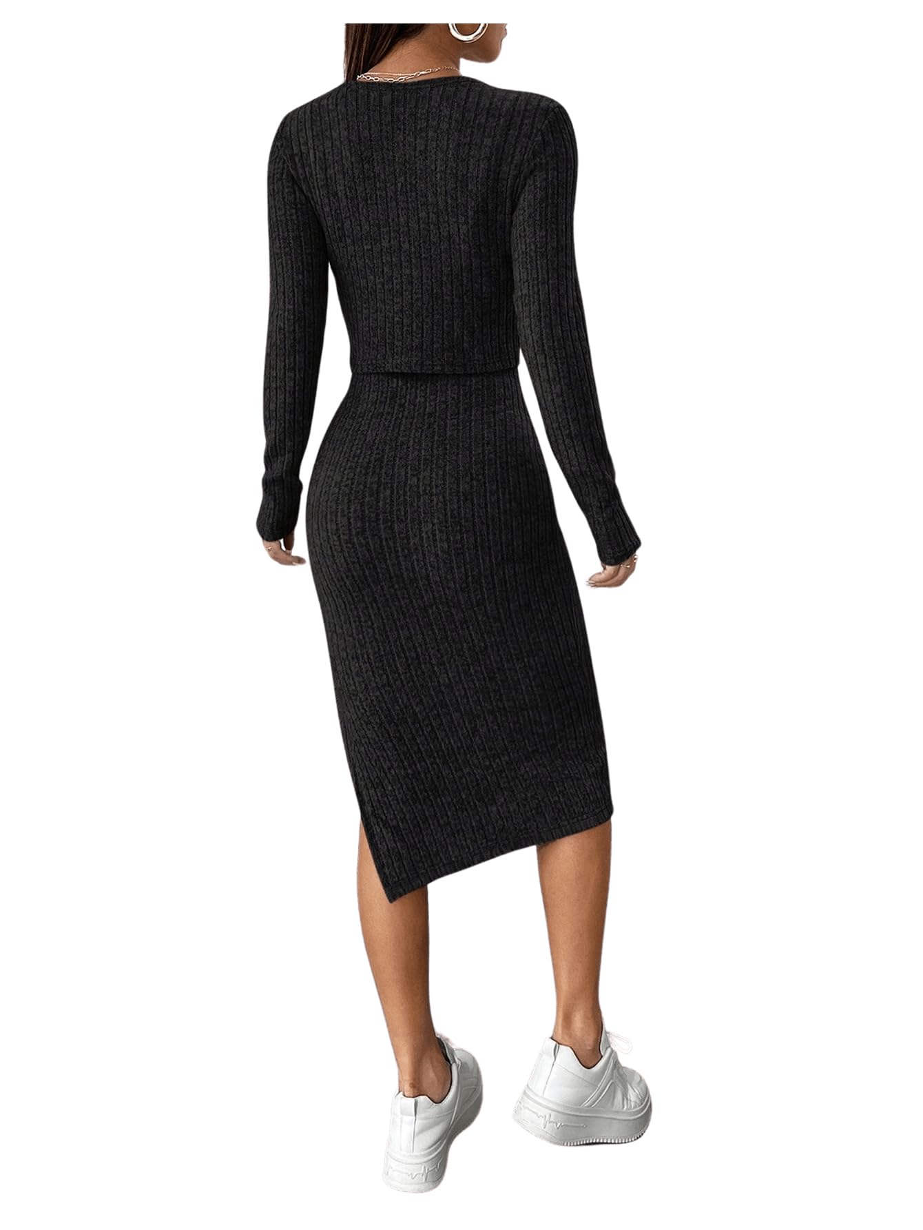 GORGLITTER Rib Knit Dress Women's Dress with Jacket Set Elegant Two Piece Cami Dress with Slit 2-Piece Dress