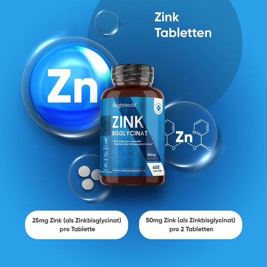 Zink Bisglycinat - 400 Tabletten mit Zinc - Vegan & 1+ Jahr Vorrat - Zink trägt zur Aufrechterhaltung eines normalen Testosteronspiegels im Blut bei (EFSA) - WeightWorld