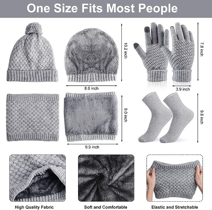 Scarf Hat Gloves Set Women's Winter Knitted Hat Scarf Set with Touchscreen Gloves Cotton Socks, Soft and Warm Beanie Ski Hat Scarf Gift Set for Women Outdoor Sports 4 in 1 Set