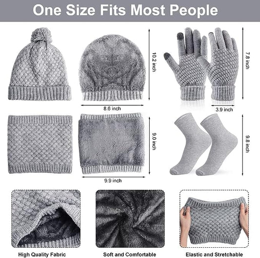 Scarf Hat Gloves Set Women's Winter Knitted Hat Scarf Set with Touchscreen Gloves Cotton Socks, Soft and Warm Beanie Ski Hat Scarf Gift Set for Women Outdoor Sports 4 in 1 Set
