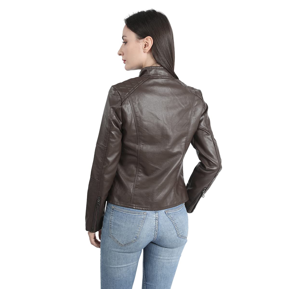 Yynuda Leather Jacket, Women's Short Jacket, Transition Jacket Made of Faux Leather, with Zip, For Autumn