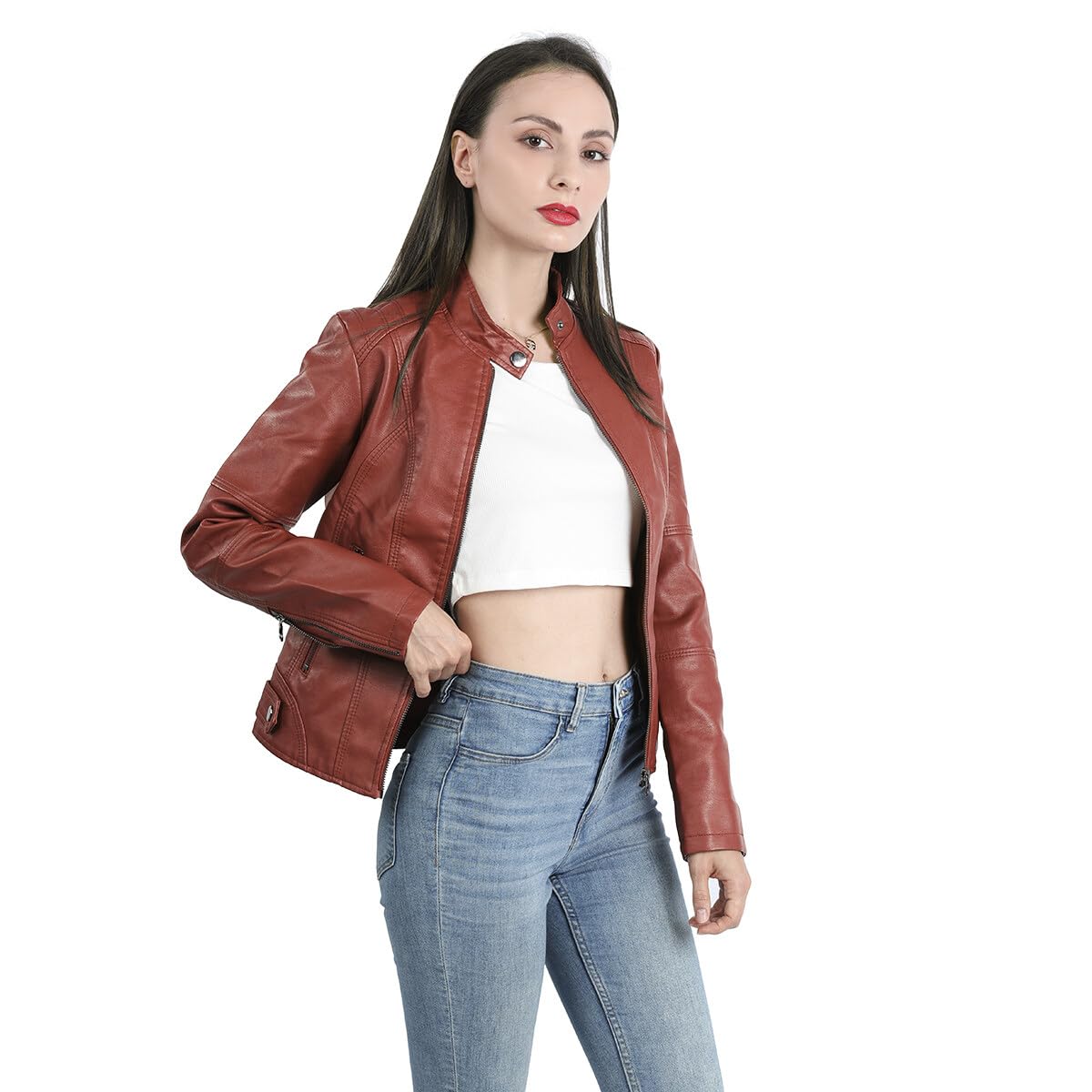 Yynuda Leather Jacket, Women's Short Jacket, Transition Jacket Made of Faux Leather, with Zip, For Autumn