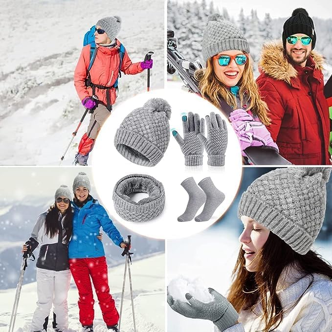 Scarf Hat Gloves Set Women's Winter Knitted Hat Scarf Set with Touchscreen Gloves Cotton Socks, Soft and Warm Beanie Ski Hat Scarf Gift Set for Women Outdoor Sports 4 in 1 Set