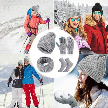 Scarf Hat Gloves Set Women's Winter Knitted Hat Scarf Set with Touchscreen Gloves Cotton Socks, Soft and Warm Beanie Ski Hat Scarf Gift Set for Women Outdoor Sports 4 in 1 Set