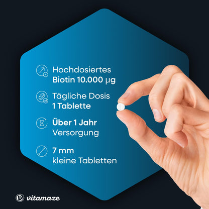 Biotin High Dose with Selenium and Zinc for Hair Growth, Skin and Nails, 365 Vegan Tablets for 1 Year, Biotin High Dose 10,000 mcg, Made in Germany