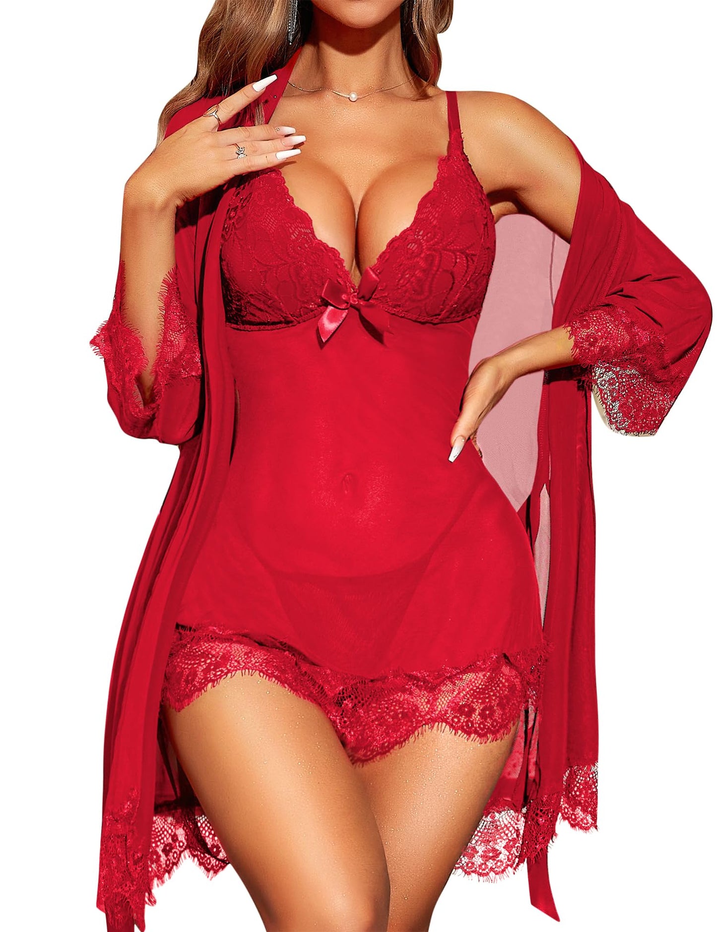 RSLOVE Sexy Lingerie for Women, Lace Babydoll with Dressing Gown, Night Dress, Sleepwear