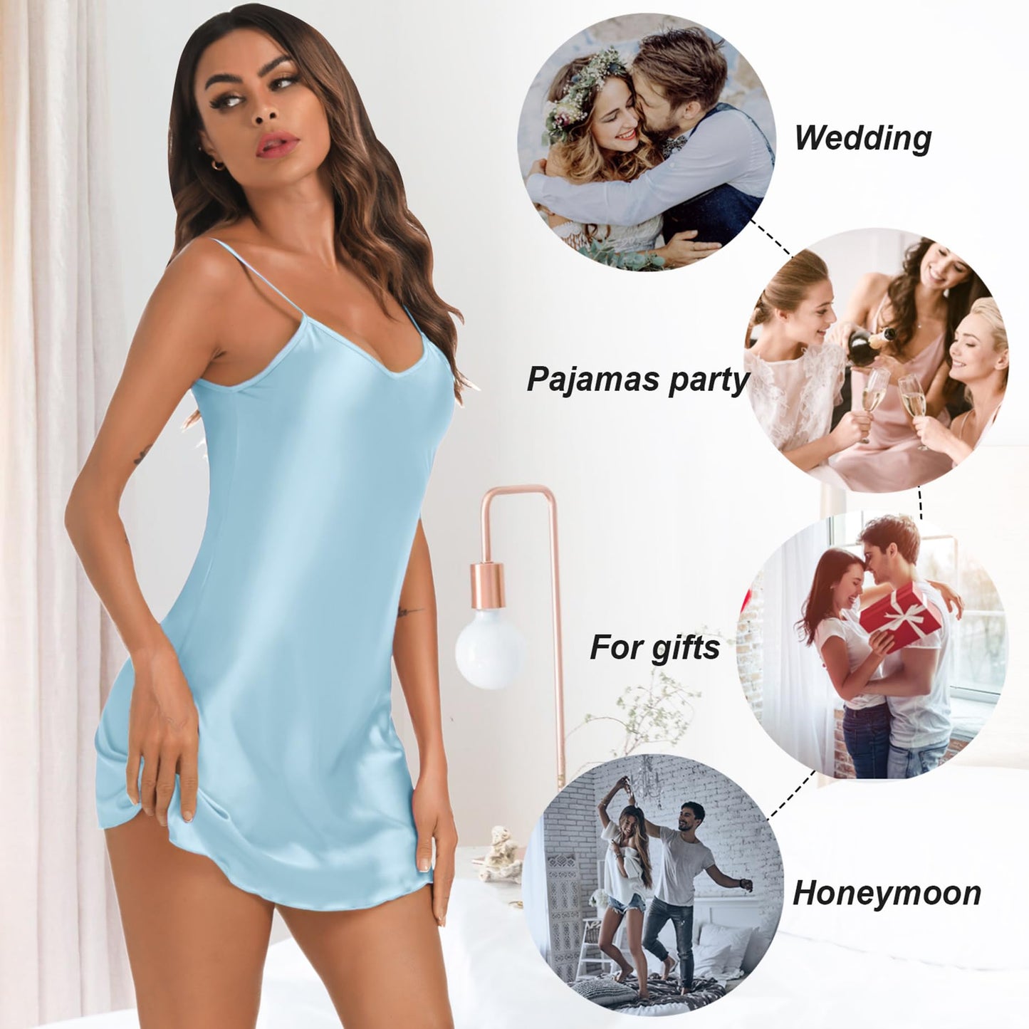 Litherday Negligee Women's Sexy Babydoll Short Satin Nightdress V-Neck Night Dress Summer Sleepwear Sleepwear Pack of 2