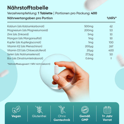 Calcium Magnesium Zinc - 400 Tablets 1+ Year - Magnesium, Vitamin D3, K2, Boron, Selenium, Copper - 500 mg Calcium - Vegan - 1 Tablet Per Day - Gluten Free - Alternative to Capsules - WeightWorld