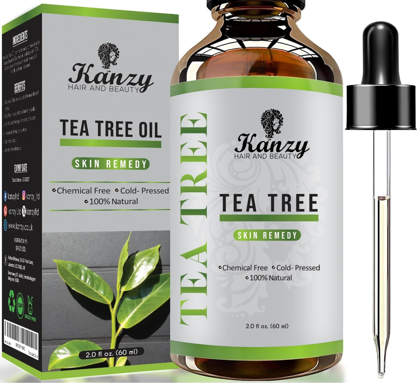 Kanzy Teebaumöl Bio Naturrein 60ml mit Pipette Kaltgepresst Tea Tree Oil für Gesicht (60ml)