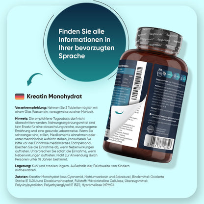 Creatin Monohydrat Tabletten - 3000mg pro Portion - 270 Kreatin Vegan Tablets - 3 Monate Vorrat - Creatine - Alternative zu Kapseln & Pulver - Frei von Gluten & Magnesiumstearat - WeightWorld