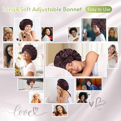 BONNET QUEEN Satin Silk Sleep Cap, Adjustable Women’s/Men’s Bonnet, Night Hair Care Protection Head Cap for Curly, Long Hair, Smooth, Breathable (M, Black)