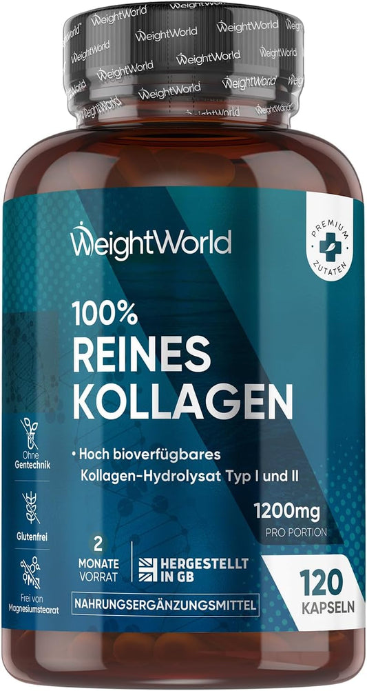 Weightworld Naticol Collagen Capsules, 1170 mg, Pure Marine Collagen, 120 Capsules, Hydrolysate Type 1, Laboratory Tested in Germany, with Pure Collagen Protein Powder