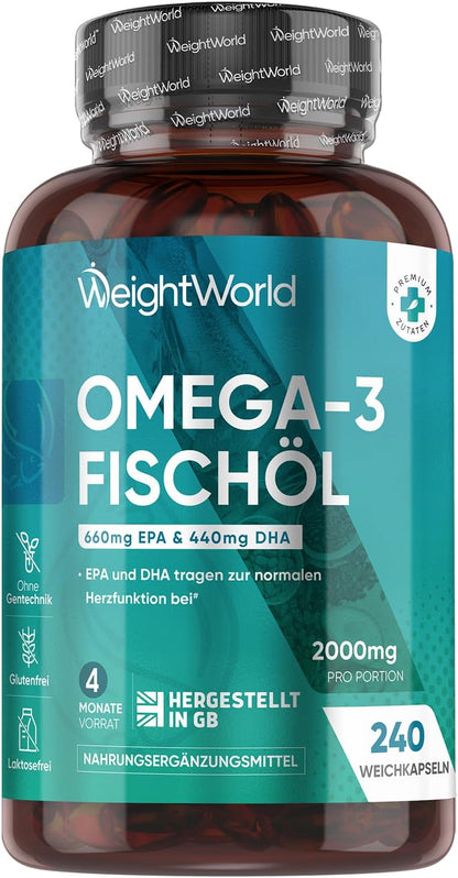 Omega 3 Weich-kapseln - 2000mg Fischöl mit 1100mg Omega-3, 660mg EPA & 440mg DHA pro Portion - 240 Softgels - EPA & DHA tragen zur normalen Herzfunktion bei (EFSA) - fish oil - WeightWorld