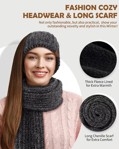 Winuesa Stirnband, Mütze, Schal & Handschuh-Sets für Damen, Chenille Beanie Mütze Mit Fleece Gefüttert Ohrenwärmer Stricken Schal Touchscreen Handschuhe Warm 4-in-1 Geschenk Set