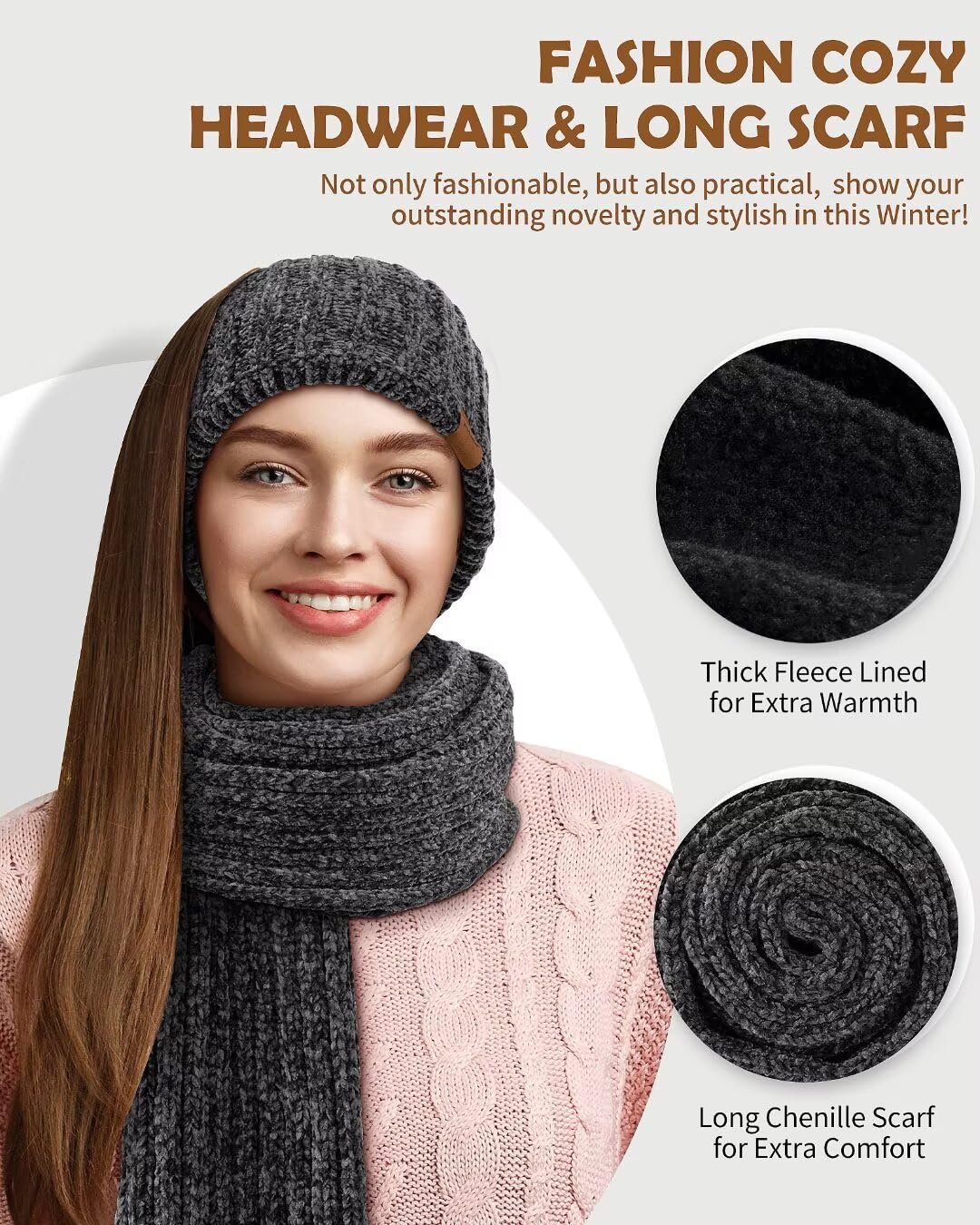 Winuesa Stirnband, Mütze, Schal & Handschuh-Sets für Damen, Chenille Beanie Mütze Mit Fleece Gefüttert Ohrenwärmer Stricken Schal Touchscreen Handschuhe Warm 4-in-1 Geschenk Set