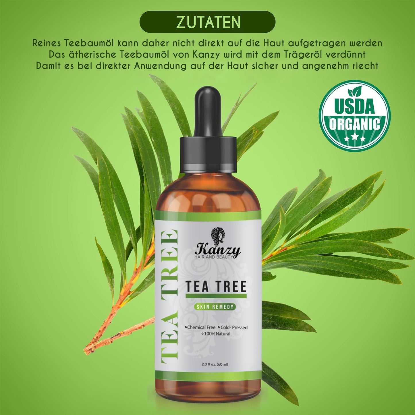 Kanzy Teebaumöl Bio Naturrein 60ml mit Pipette Kaltgepresst Tea Tree Oil für Gesicht (60ml)