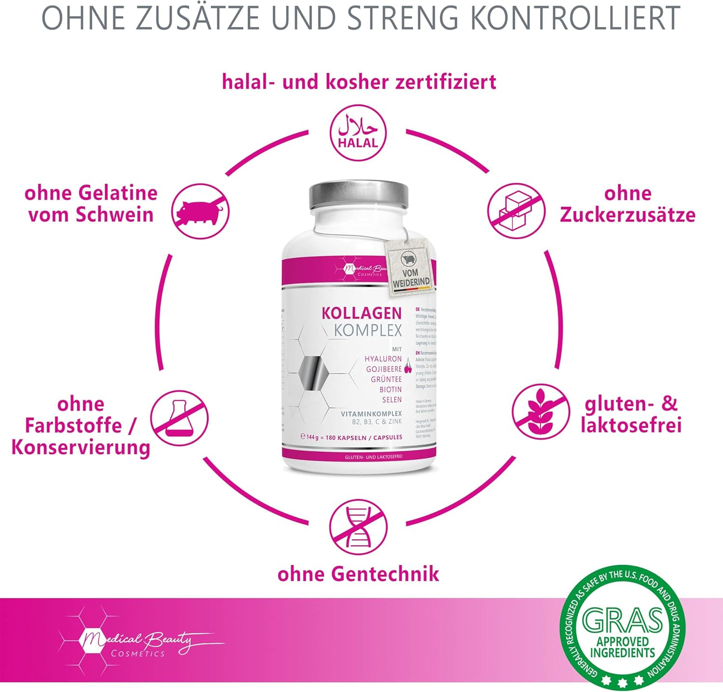Premium Kollagen Hyaluronsäure Komplex - mit dem Superfood Gojibeere und Grüntee - 180 Kollagen Kapseln vom Weiderind. 1000mg Kollagen Hydrolysat, Biotin, Selen, Zink, Vitamine C, B2, B3.