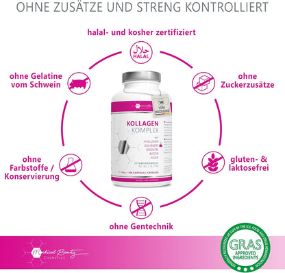 Premium Kollagen Hyaluronsäure Komplex - mit dem Superfood Gojibeere und Grüntee - 180 Kollagen Kapseln vom Weiderind. 1000mg Kollagen Hydrolysat, Biotin, Selen, Zink, Vitamine C, B2, B3.