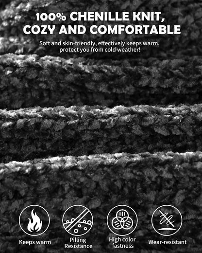 Winuesa Stirnband, Mütze, Schal & Handschuh-Sets für Damen, Chenille Beanie Mütze Mit Fleece Gefüttert Ohrenwärmer Stricken Schal Touchscreen Handschuhe Warm 4-in-1 Geschenk Set