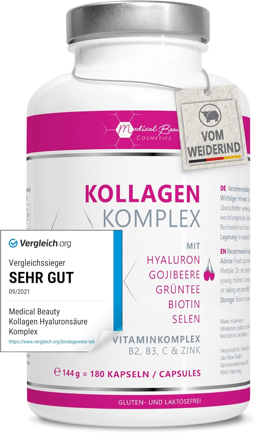 Premium Kollagen Hyaluronsäure Komplex - mit dem Superfood Gojibeere und Grüntee - 180 Kollagen Kapseln vom Weiderind. 1000mg Kollagen Hydrolysat, Biotin, Selen, Zink, Vitamine C, B2, B3.