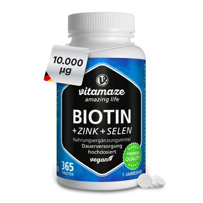 Biotin High Dose with Selenium and Zinc for Hair Growth, Skin and Nails, 365 Vegan Tablets for 1 Year, Biotin High Dose 10,000 mcg, Made in Germany
