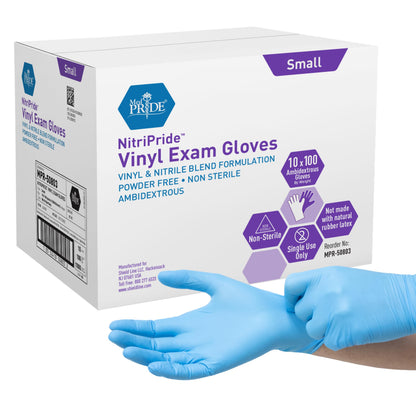 MED PRIDE Disposable Powder Free Non Latex Single Use Medical Exam Gloves, Nitrile Vinyl Blend for Cleaning and Food Handling (Small 100)