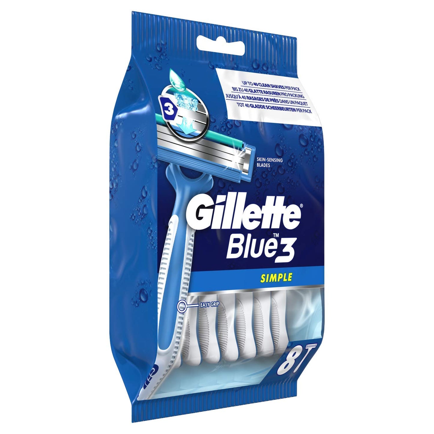 Gillette Blue3 Simple Men's Disposable Razor, 8 Razors with Triple Blade, Wet Razor with Fixed Blade Head, Moisture Strips